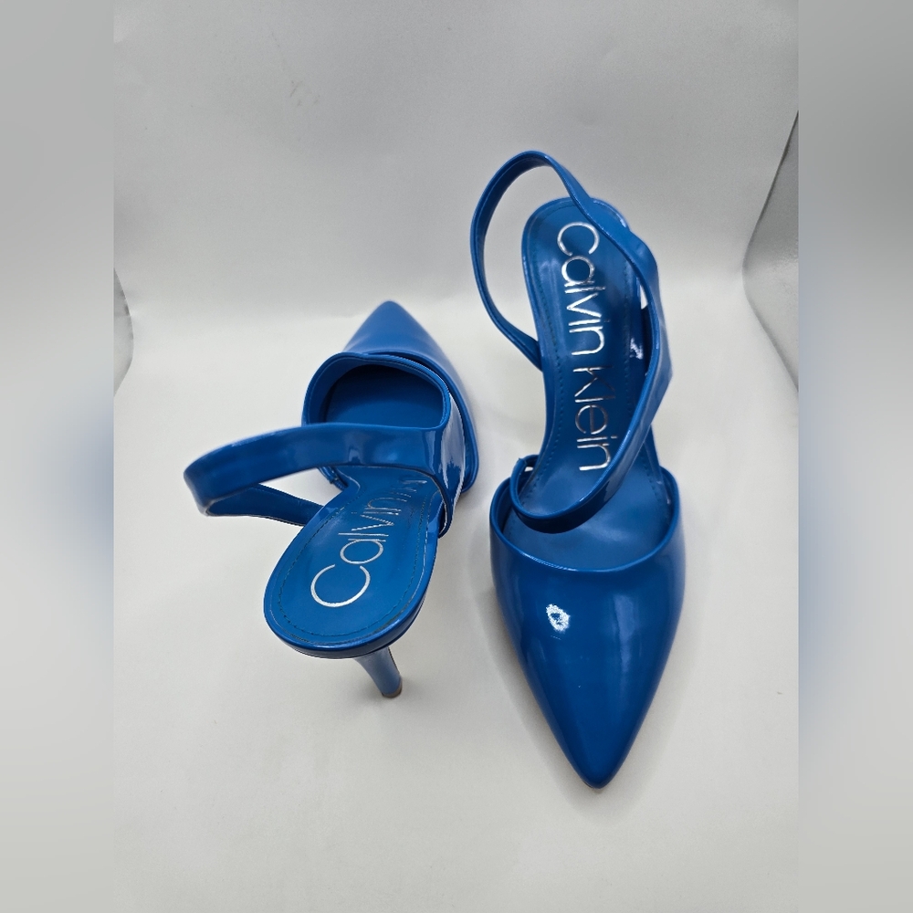 Calvin Klein Bright Blue Patent Pointed-Toe Slingback Spike Heel Pumps. Sz 8M - Picture 8 of 9